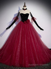 Burgundy Tulle Sequins Velvet Strapless Prom Dress